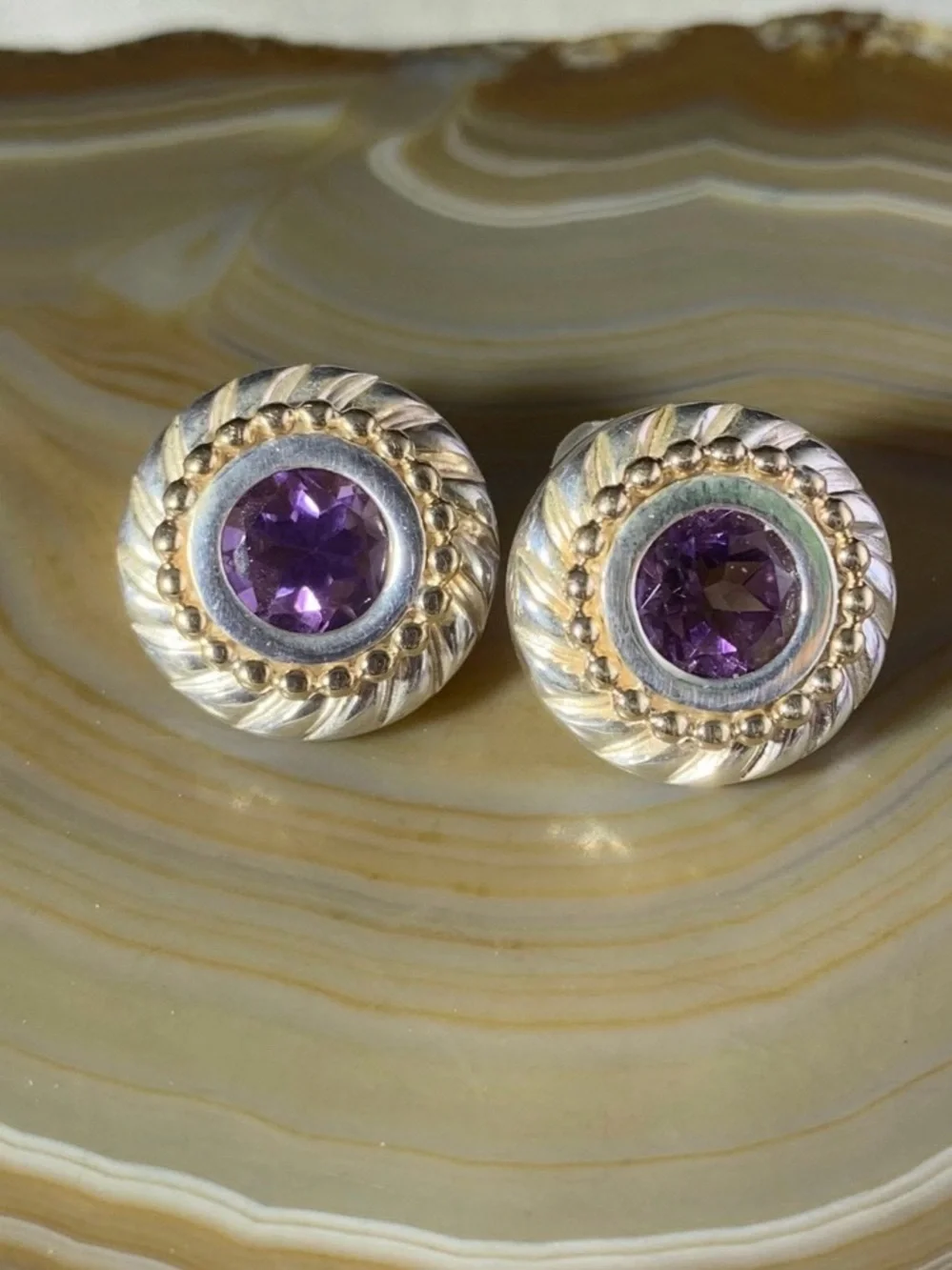 Vintage Sterling Silver 14K Gold Amethyst Two-Tone Beaded Stud Earrings Signed.